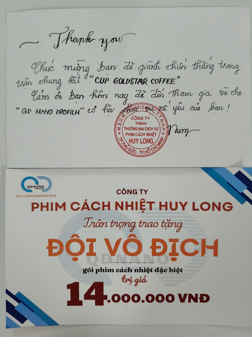 Thư cảm ơn và giải thưởng cho nhà vô địch TENNIS GOLDSTAR COFFEE 2024